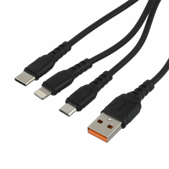 Кабель GoPower GP05-3-1 3в1 USB-A - Lightning / Type-C / microUSB 1m 2.4А черный