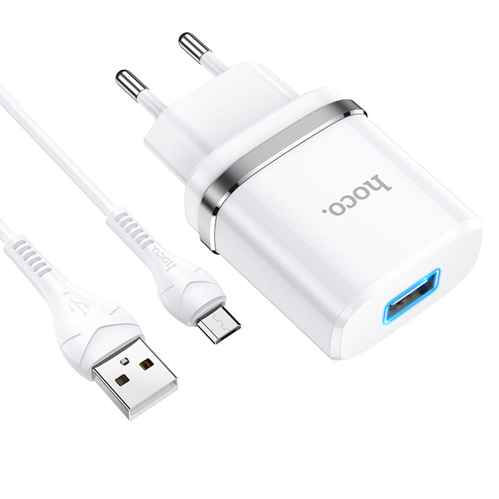 Сетевое зарядное устройство HOCO N1 2.4A белый + кабель microUSB