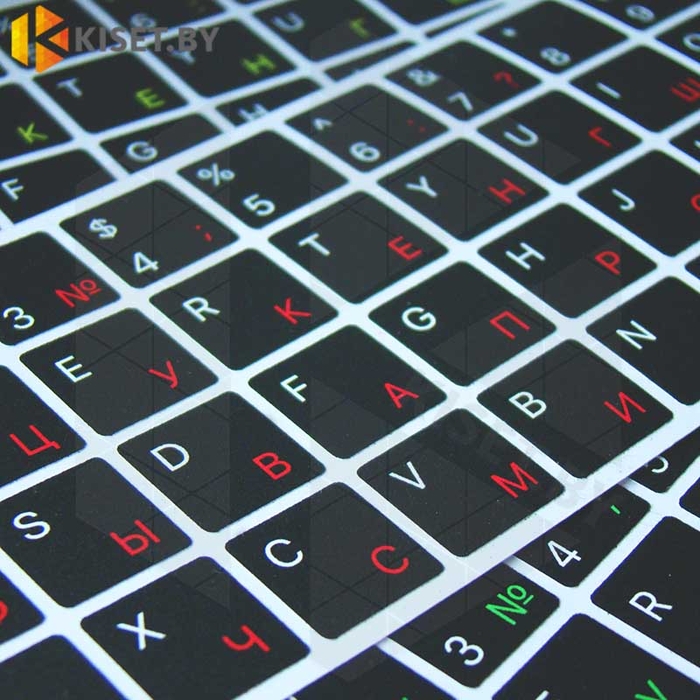 Виниловые наклейки черные на клавиатуру MacBook (красные символы ENRU-V50104)