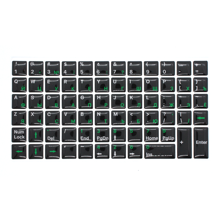 Силиконовые наклейки черные на клавиатуру 69 символов (зеленые символы ENRU-S69103)