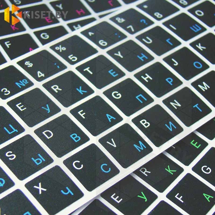 Виниловые наклейки черные на клавиатуру MacBook (синие символы ENRU-V50102)