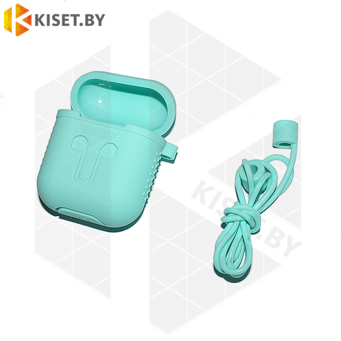 Силиконовый чехол для Apple Airpods с карабином бирюзовый
