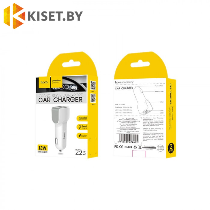 Автомобильное зарядное устройство HOCO Z23 2USB 2.4A с кабелем microUSB белое