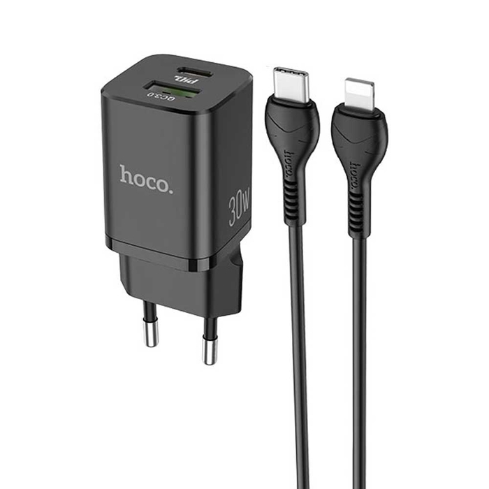 Сетевое зарядное устройство HOCO N13 30W PD PPS FCP AFC QC3.0 USB-A Type-C черный + кабель type-c - lightning