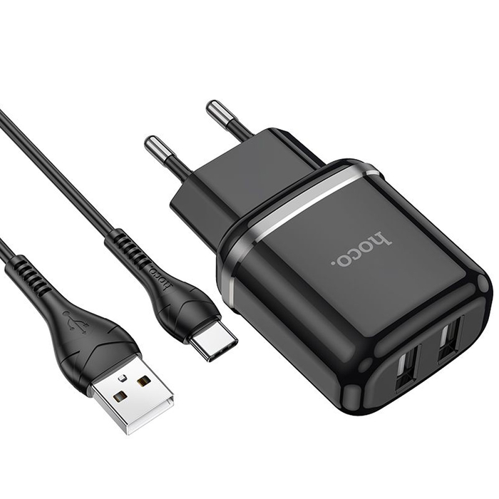 Сетевое зарядное устройство HOCO N4 2.4A 2USB черный + кабель Type-C
