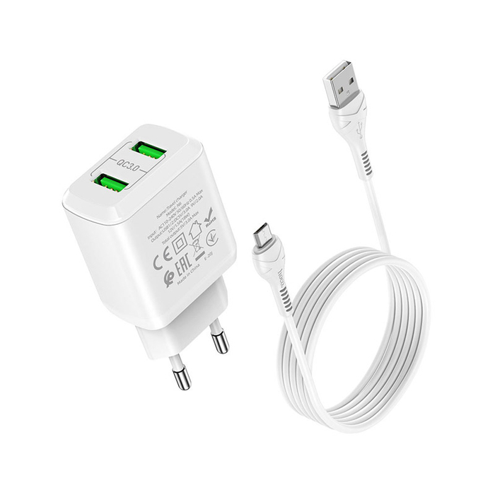 Сетевое зарядное устройство HOCO N6 18W QC3.0 2хUSB белый + кабель microUSB